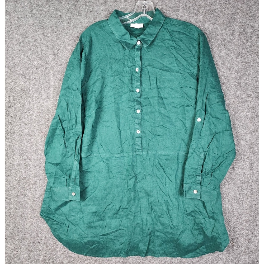 J.Jill Love Linen Tunic Shirt Mens XL Petite Green Roll Tab Sleeve 100% Linen